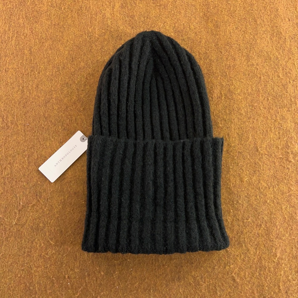 Maeve Anthropologie Womens OS Black Ribbed Knit Cuffed Beanie Hat NWT